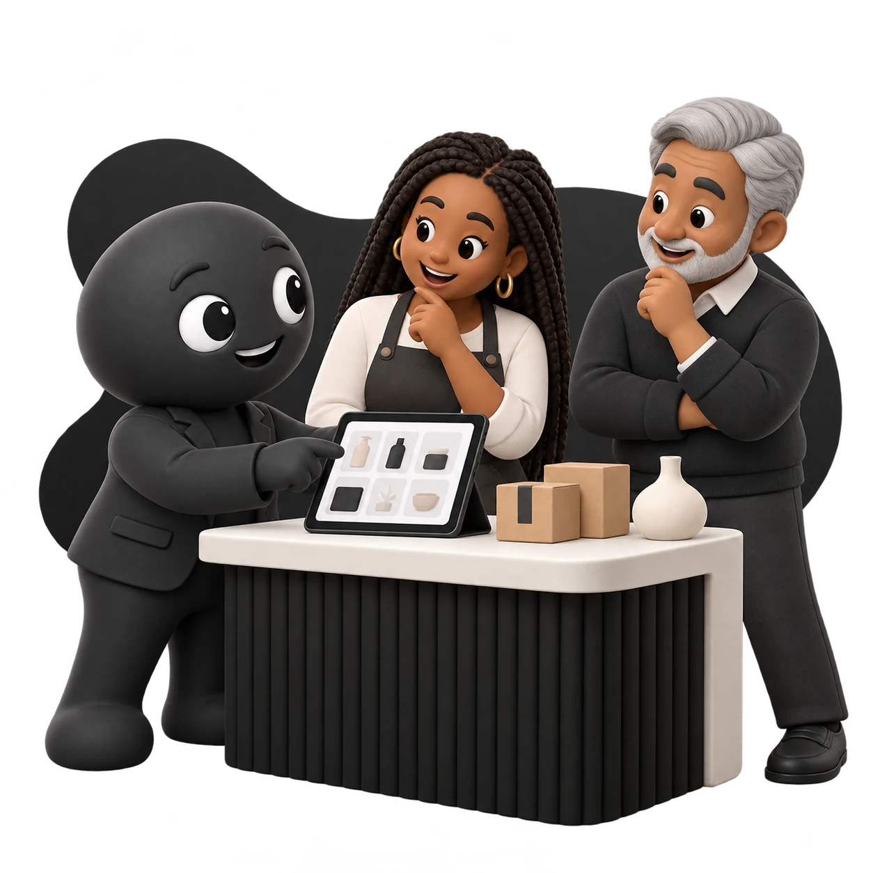 Naasre mascot and two shop owners reviewing products at a counter