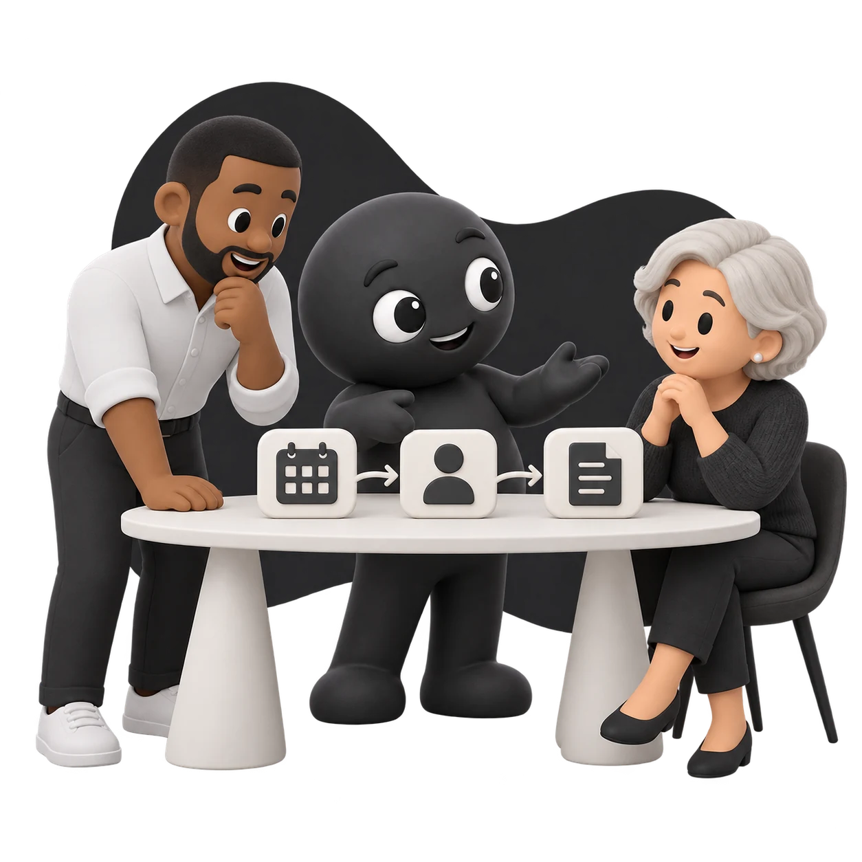 Naasre mascot and business owners discussing how customer details connect with appointments and invoices