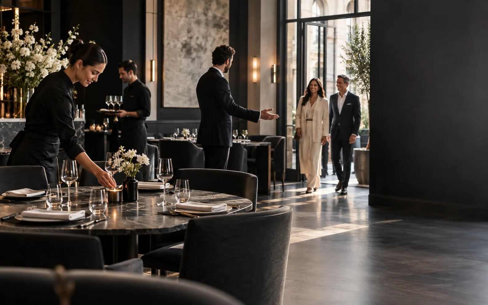 A hospitality owner welcoming guests to a refined space