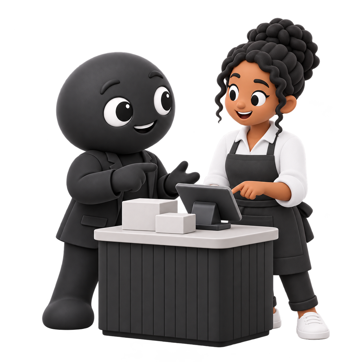 Naasre mascot helping a shop owner manage products and sales