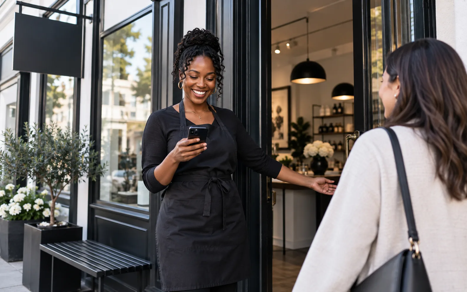 An independent owner welcoming a customer to her business