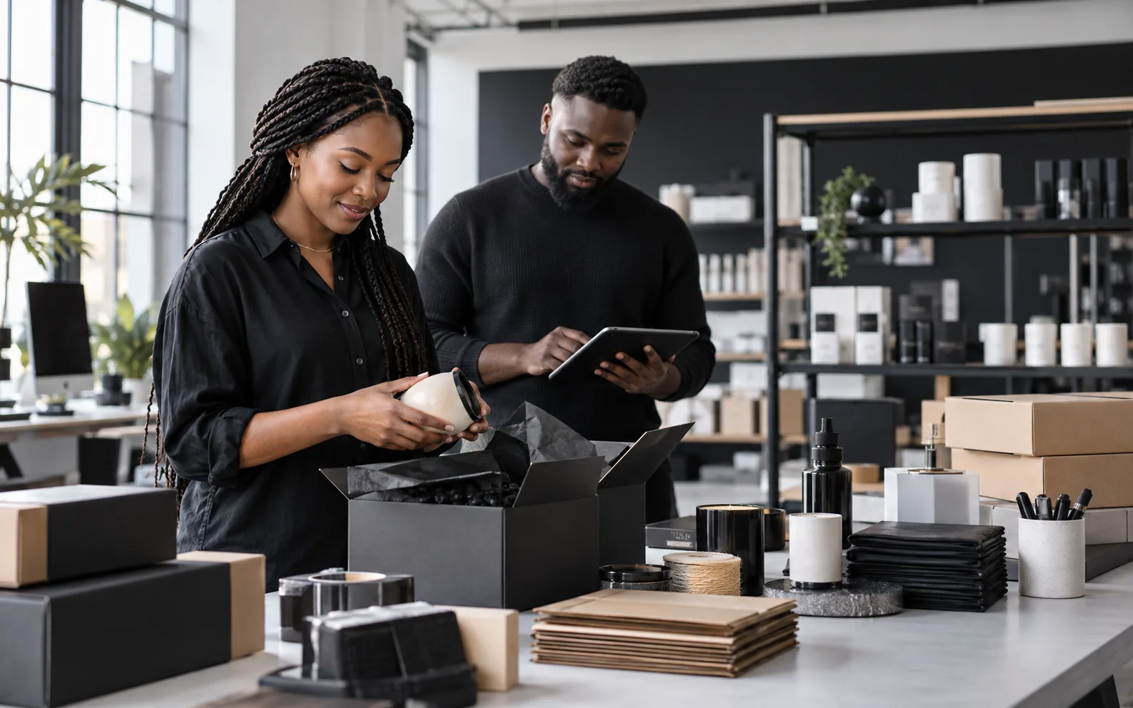 A small team preparing online orders in a product studio