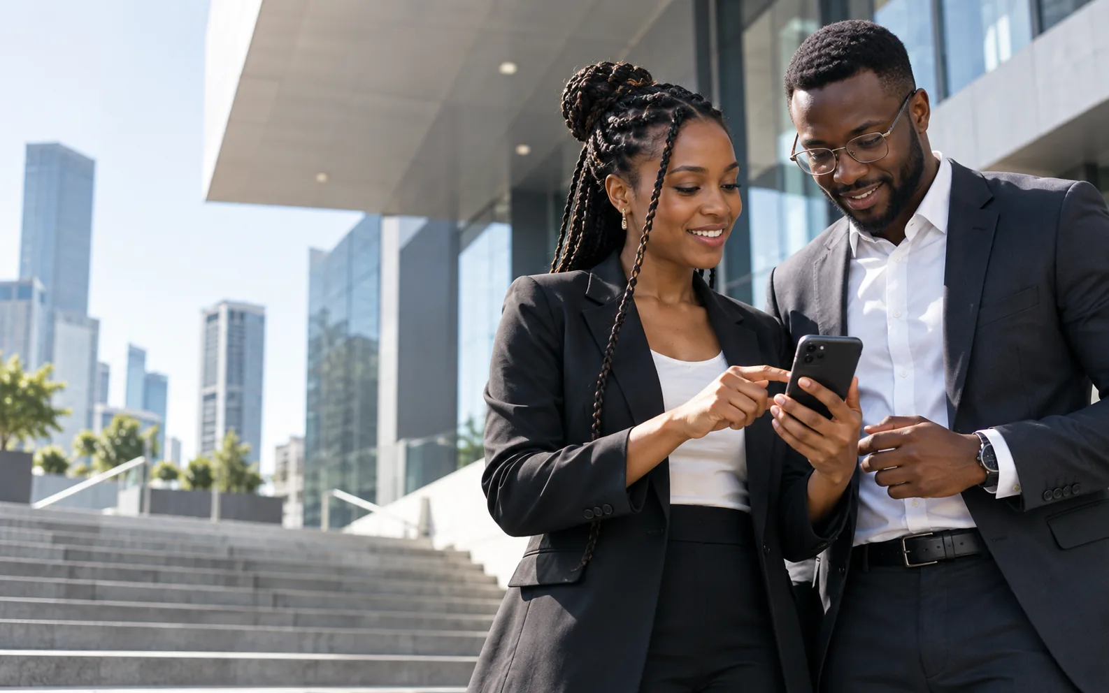 Two business professionals using a mobile service